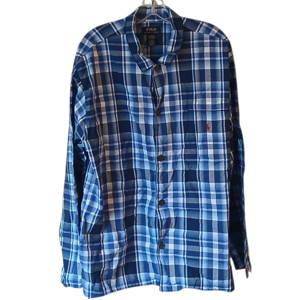 Ralph Lauren Blue Plaid Pajama Shirt Size Large